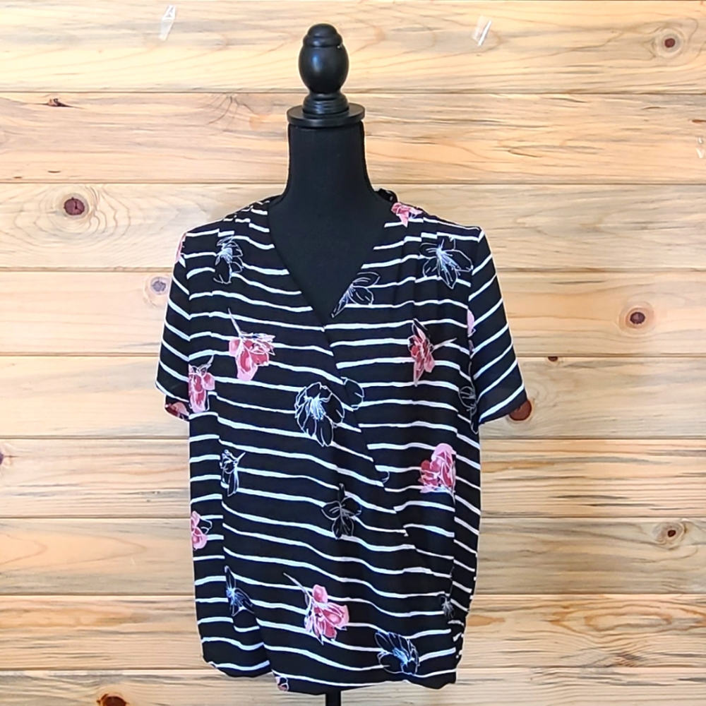Apt.9 Black Striped Floral Wrap Blouse Ladies Size Large